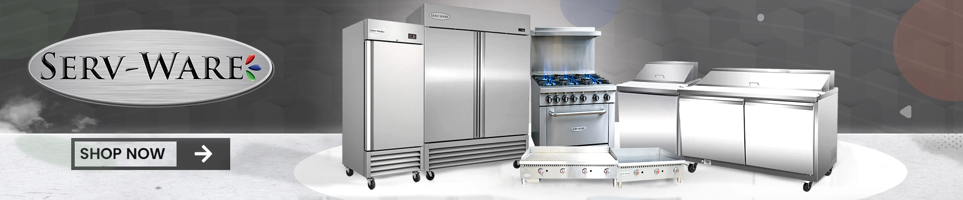 Commercial kitchen equipment including convection oven, gas range, reach-in refrigerator, and glass door merchandisers with Serv-Ware brand logo.